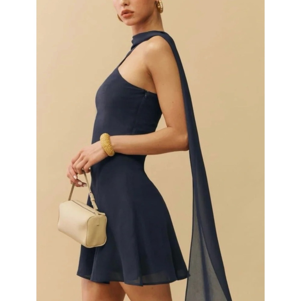 Reformation Navy Mini Dress with Draped Neck Scarf